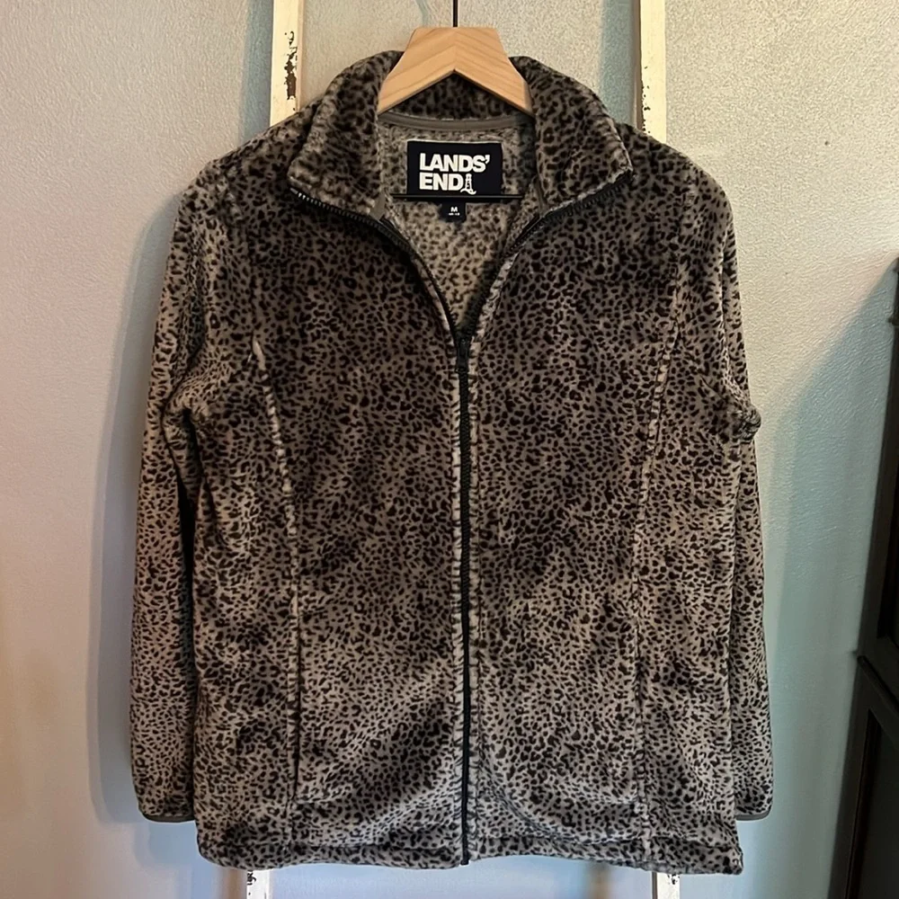 Land’s End Gray and Black Animal Print Zip Up Jacket Size M